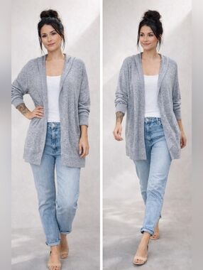 American Eagle Soft & Sexy Plush Hooded Cardigan Grey M Oversized Cozy Lounge